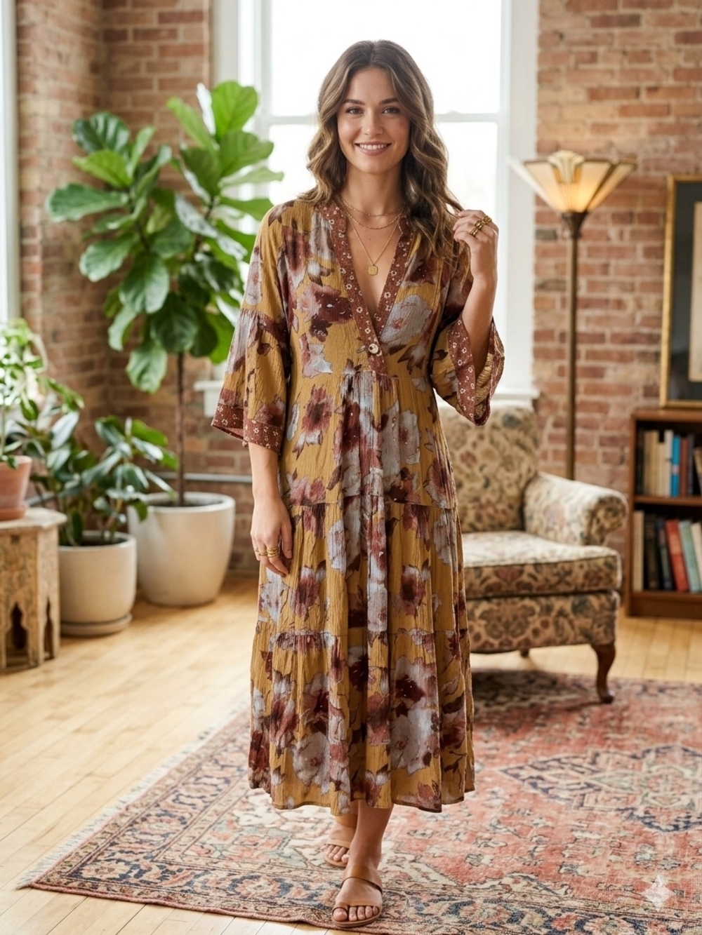 Anthropologie Uncle Frank Mustard Floral Tiered V-Neck Tunic Dress